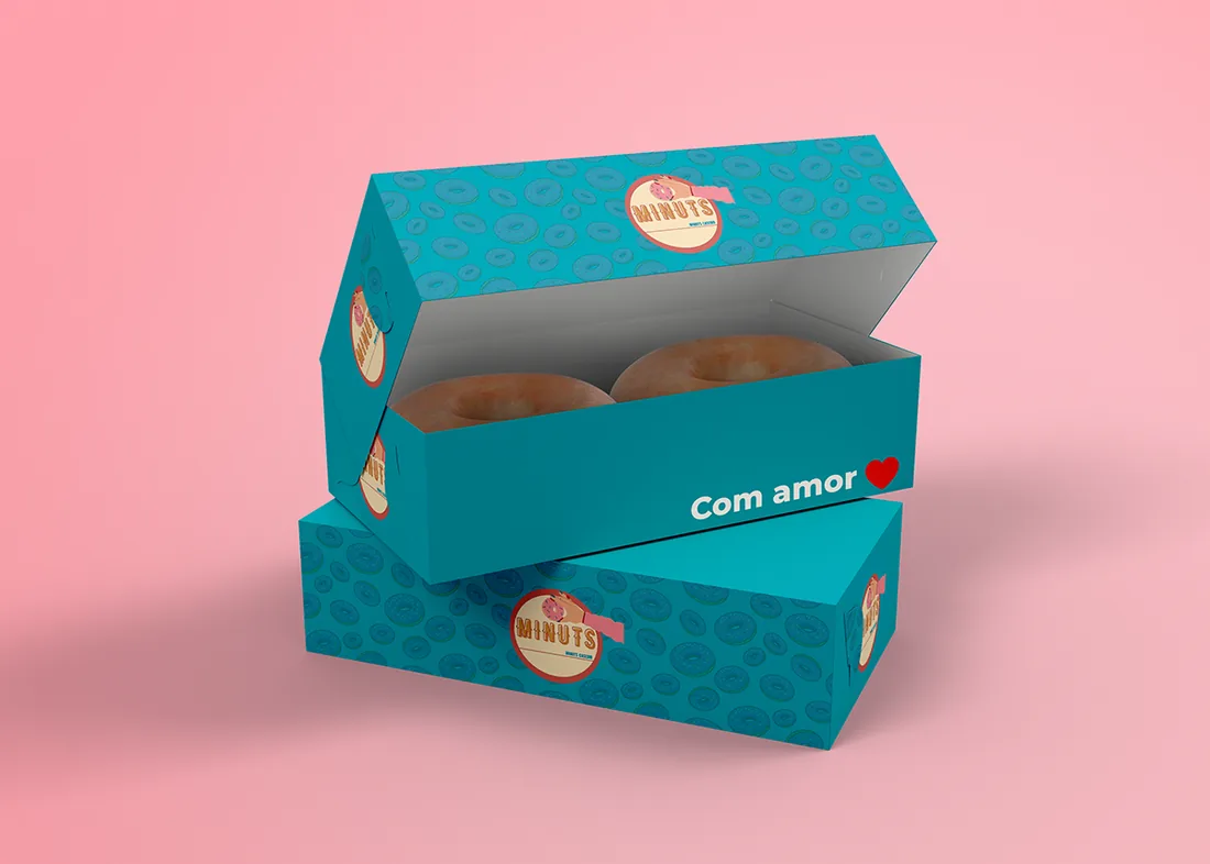 Caixa de donuts azul-turquesa com estampa e selo da marca